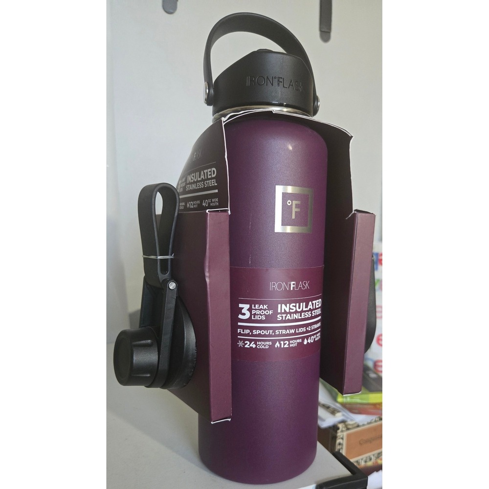 Iron Flask 40oz Wide Mouth Insulated Stainless Steel Water Bottle Burgundy Lids